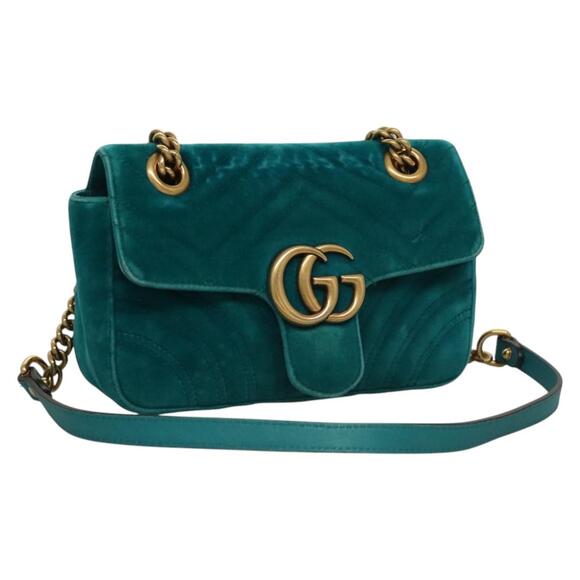 GUCCI GG Marmont Chain Shoulder Bag Velor Turquoise Blue Gold - Picture 1 of 16